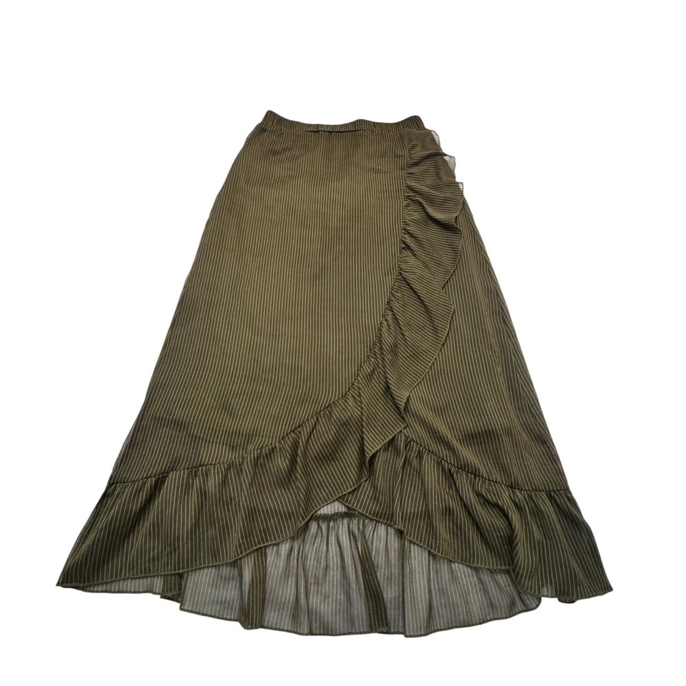 Sisters Point Olive Green Pinstripe Ruffle High Low Midi Skirt Gina Medium